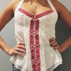 Sam Edelman White and Red Embroidered Boho T-Back V-Neck Tank Top